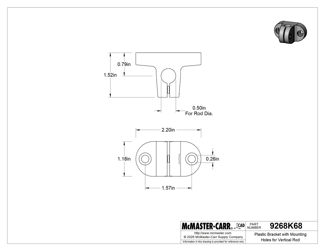 Technical Drawing of Plastic Bracket with Mounting Holes for Vertical Rod.